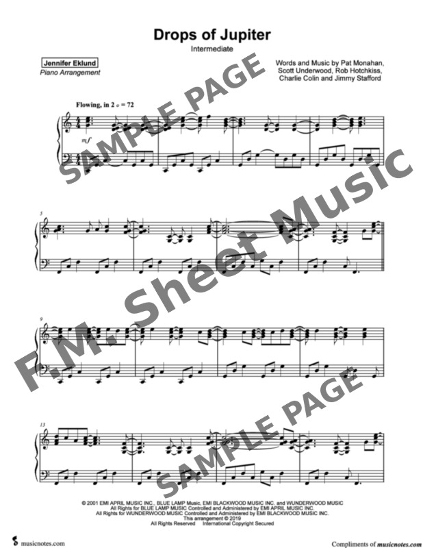 Drops of Jupiter (Intermediate Piano) By Train F.M. Sheet Music Pop